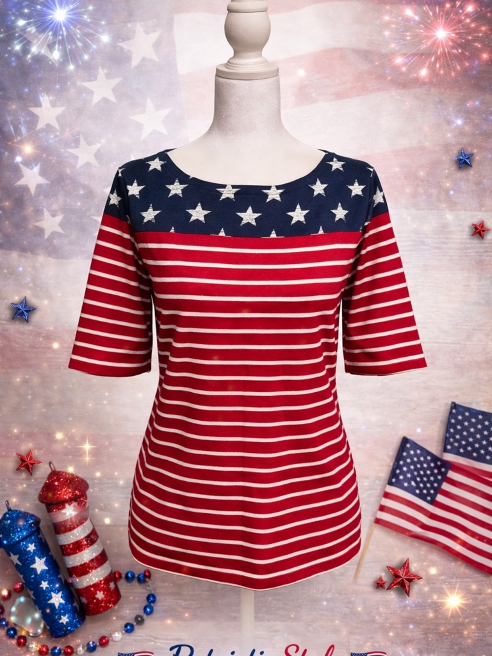 Karen Scott Red, White & Navy Star Stripe Short cuffed Sleeve Boat Neck